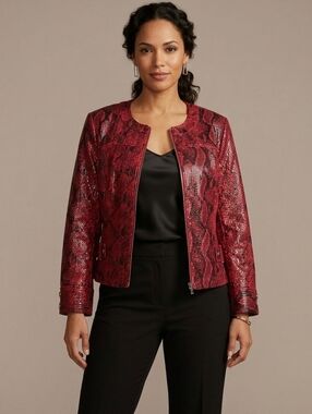 ​Hearts Of Palm Red Snakeskin Faux Leather Zip Front Jacket 14P